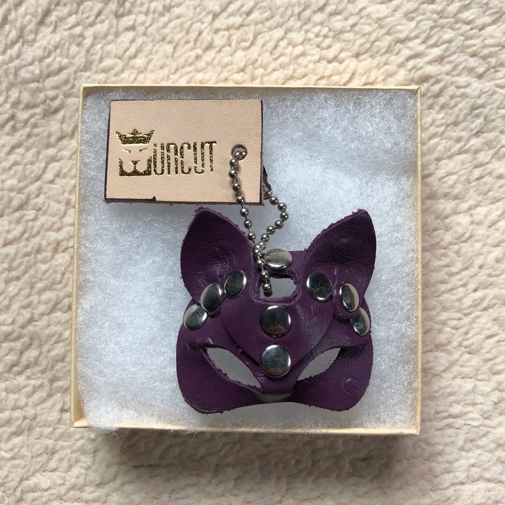 NEW Uncut Leather Keychain Trinket Purse Charm BDSM Cat Mask Plum Purple Silver